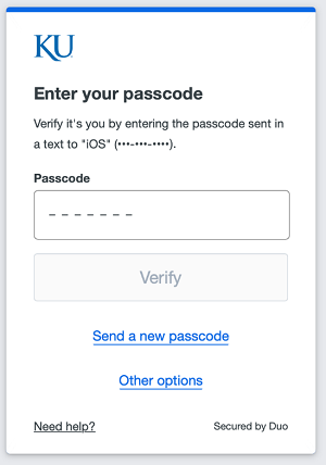 Screenshot of Duo Universal log in prompt "Enter Passcode"
