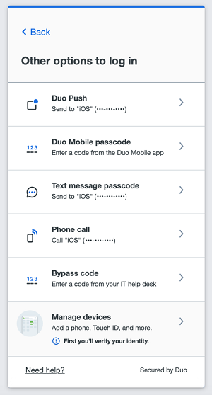 Screenshot of Duo Universal alternative log in options