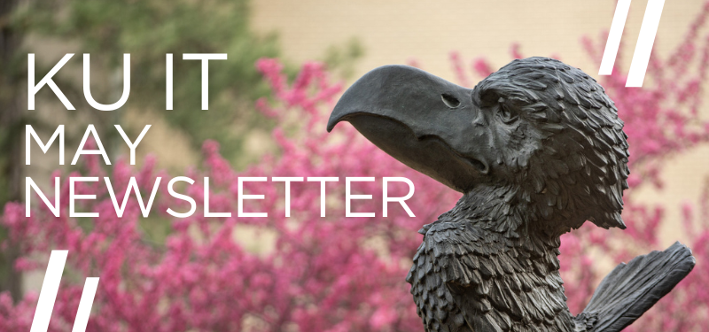 Bronze Jayhawk statue with "KU IT May Newsletter" overlay