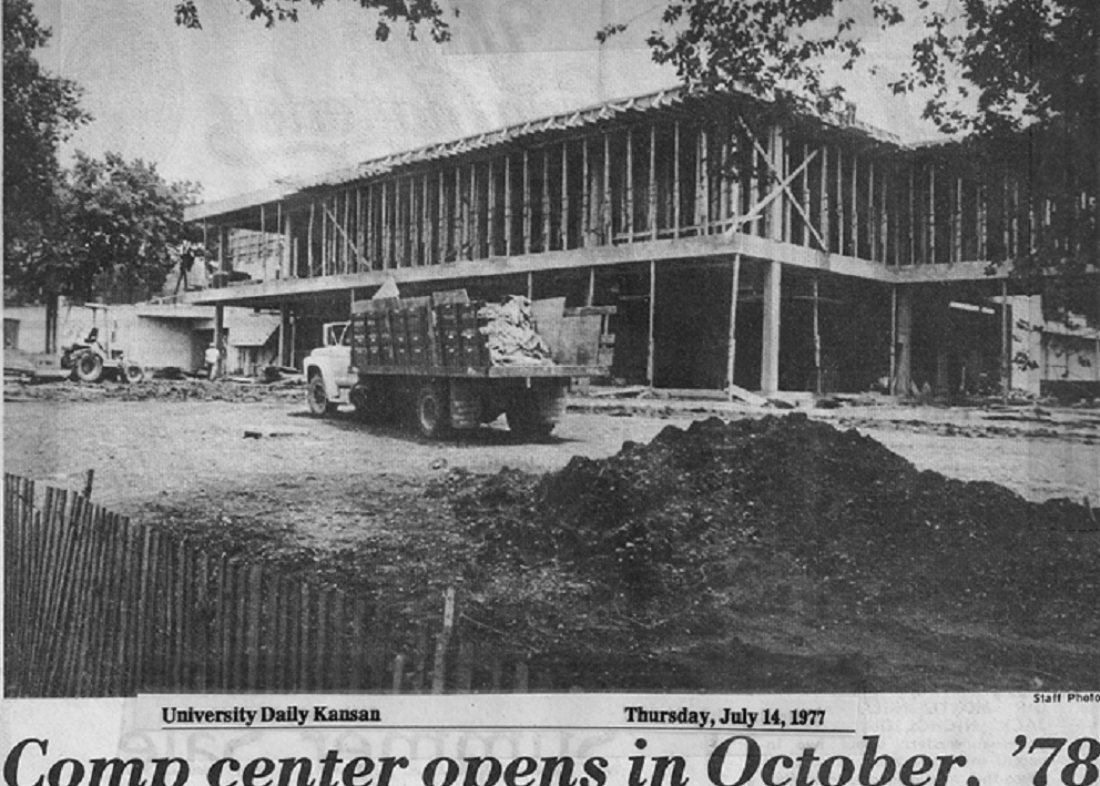 Newspaper photo of Computer Center construction with headline "Comp center opens in October, '78"